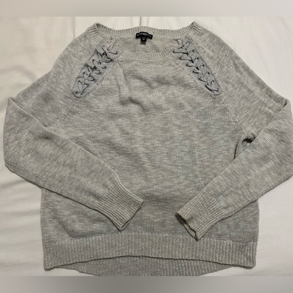 Express Light Gray Sweater with Lace-Up Accents